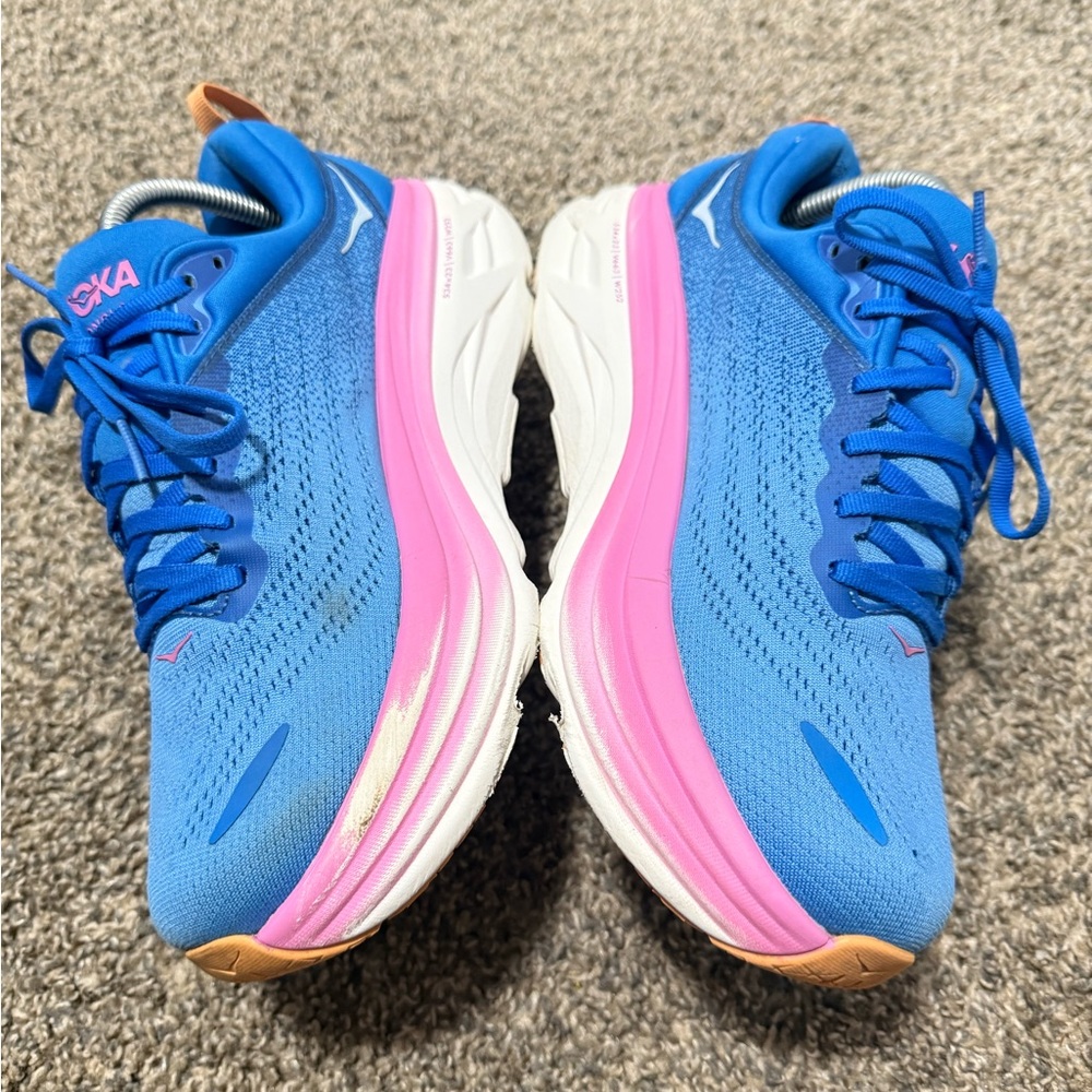 HOKA bondi 8 Women's Blue Running Shoes with Pink Accent - Picture 4 of 10
